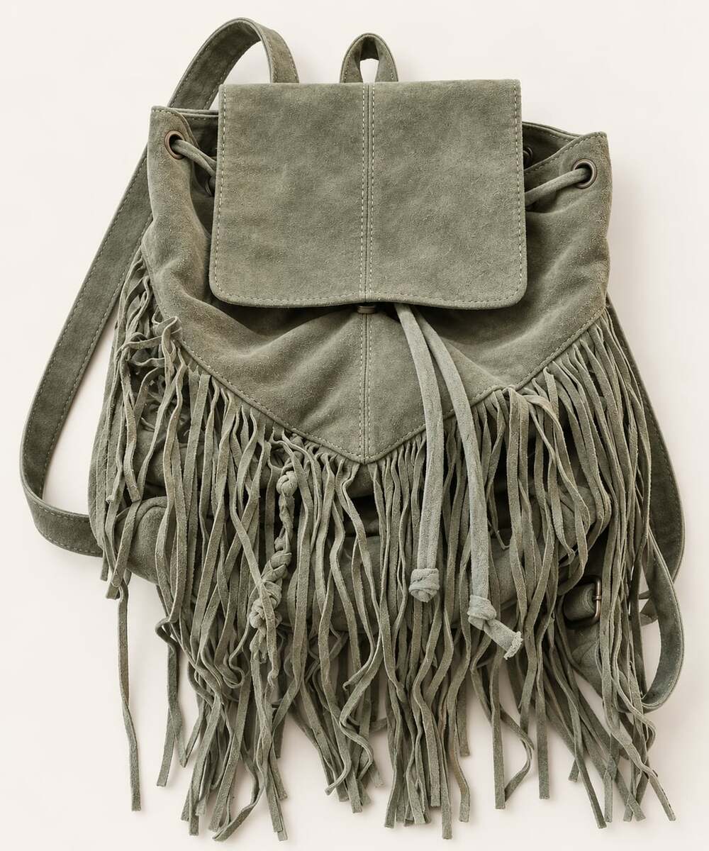 Earthbound Trading Co Suede Fringe Backpack Olive Green (L1)